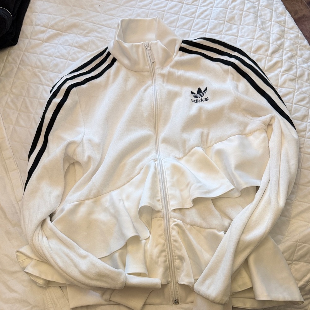 Adidas Women's White Bomber Jacket with Black Stripes